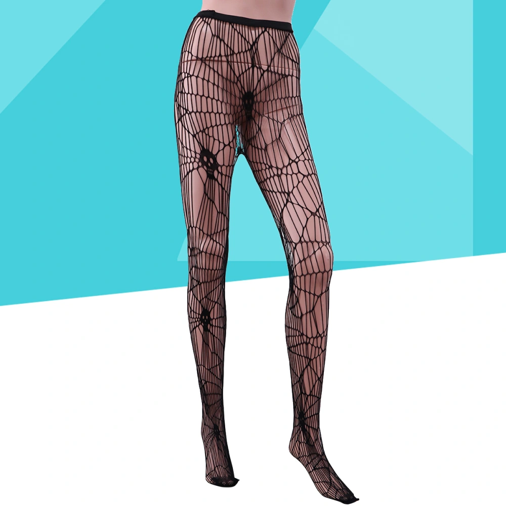 Halloween Style Skull Head Design Sexy Women Stretchy Fishnet Tights Stockings High Waist Net Pantyhose Large Hole Mesh - Free Size (Black)