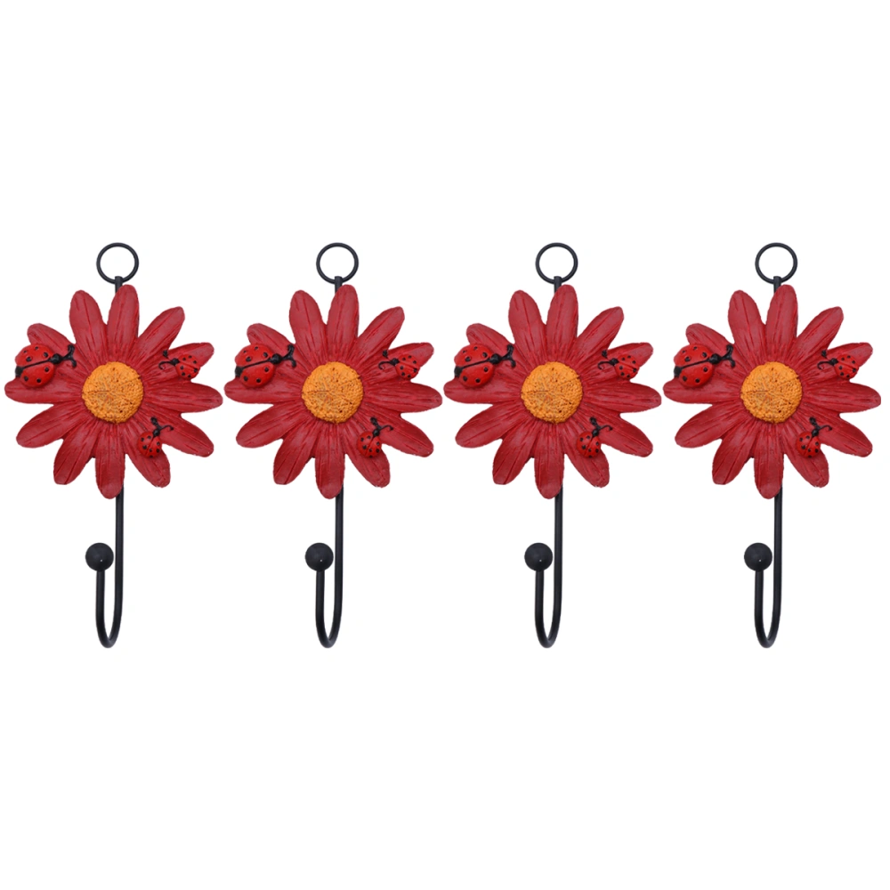 4pcs Resin Hooks Daisy Decorative Hooks Wall Hooks Wall Hangers Hanging Wall Mounted Key Hook for Home Restaurant (Red)