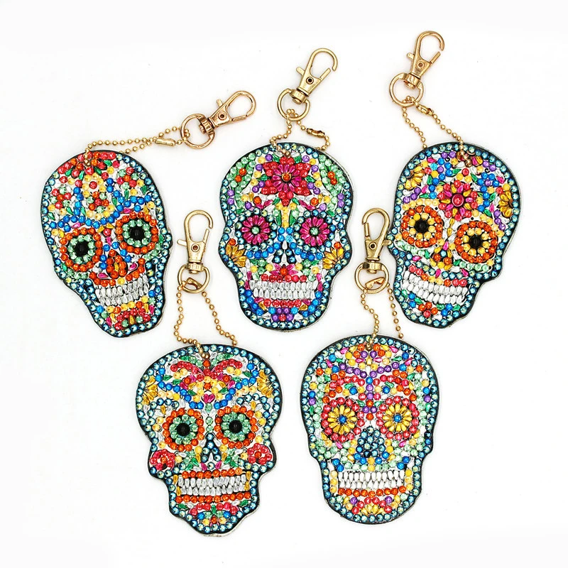 1 Set DIY Diamonds Skull Key Chains Colorful Skull Diamond Art Painting Keychains