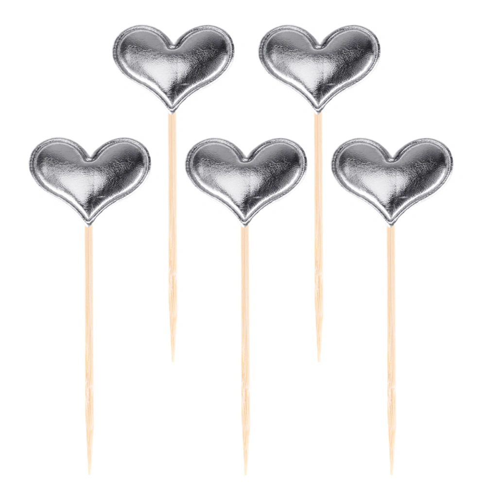 5pcs Love Heart Cake Toppers Adorable Cake Picks PU Cupcake Decor Party Supplies for Wedding Birthday Festival (Silver)