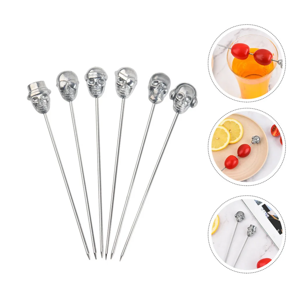 6pcs Stainless Steel Skull Head Cocktail Picks Creative Fruit Picks (Silver)