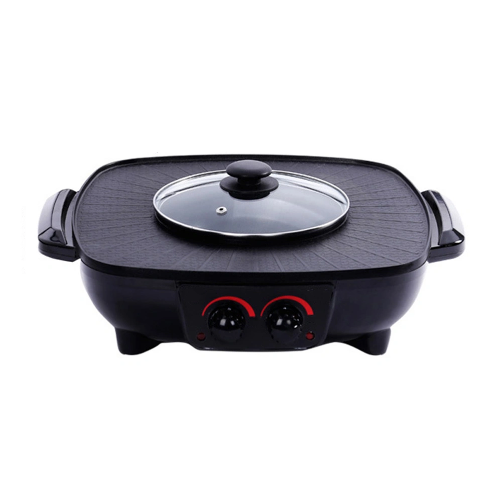 Double Control Roasting Pot Electric Barbecue Hotpot Oven Grill Teppanyaki Smokeless Hot Pot Machine BBQ Black Pot with Triangle Plug