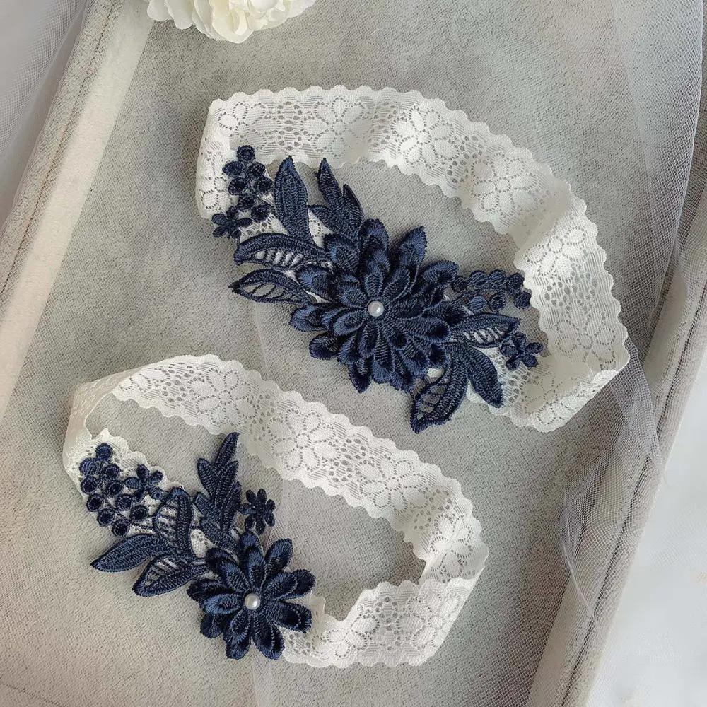 1 Pair Navy Lace Garter Creative Bridal Flower Pattern Thigh Ring Sexy Floral Leg Band Ornaments Accessary for Wedding Anniversary Party