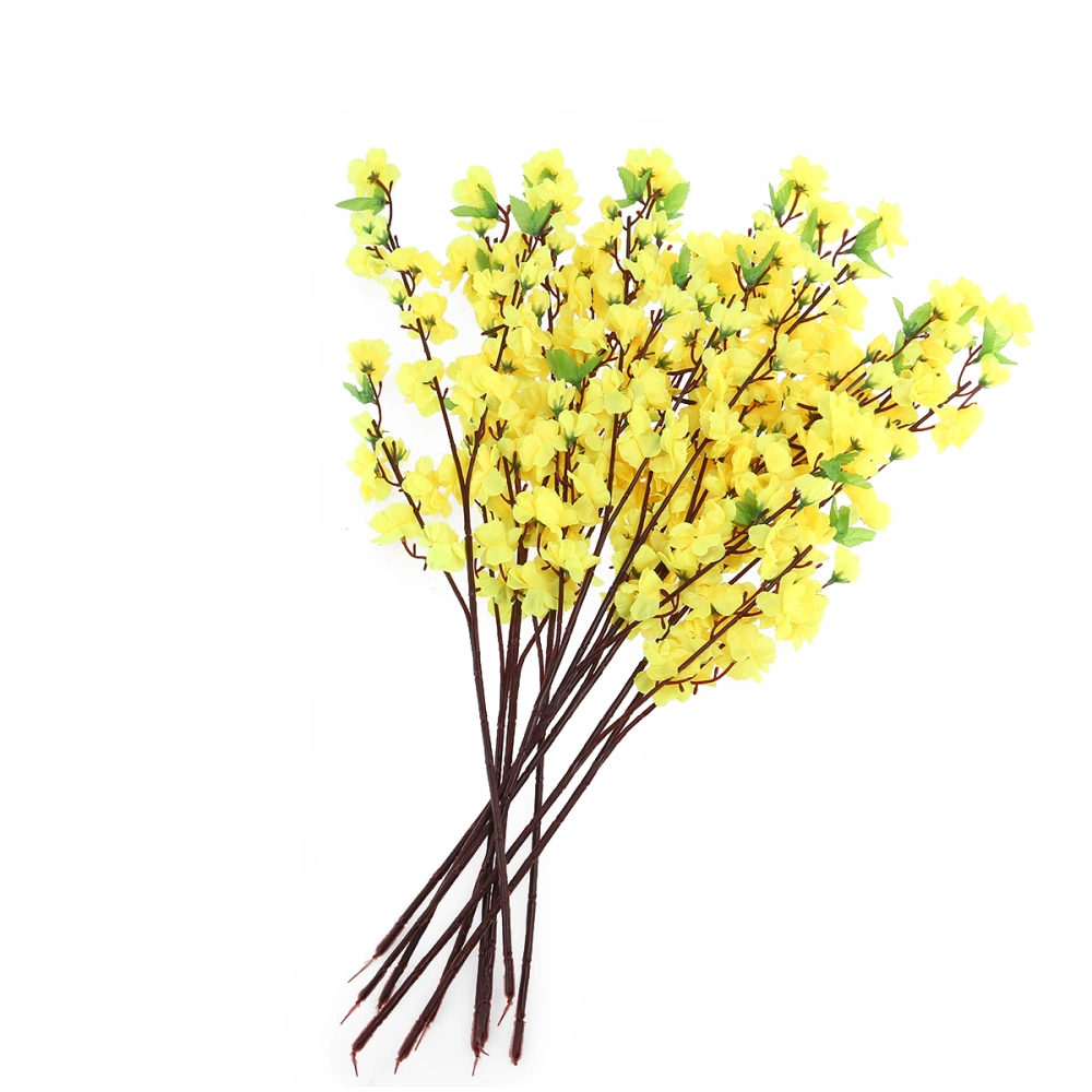 10pcs Artificial Peach Blossom Flower Bouquet with 3 Fork Stems for Home Office Decoration (Yellow)