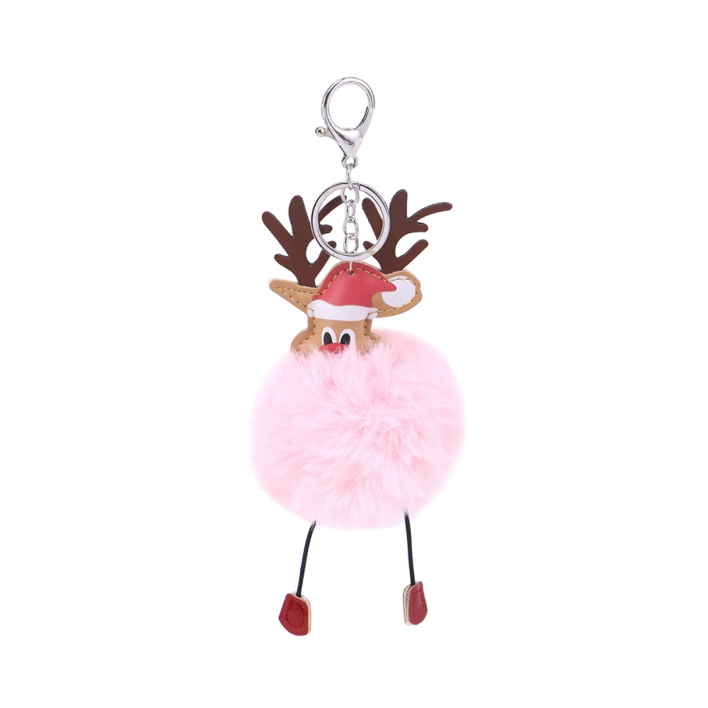 Cartoon Christmas Elk Keychain Plush Pom Pom Ball Keyring Bag Cellphone Hanging Pendant (Light Pink)