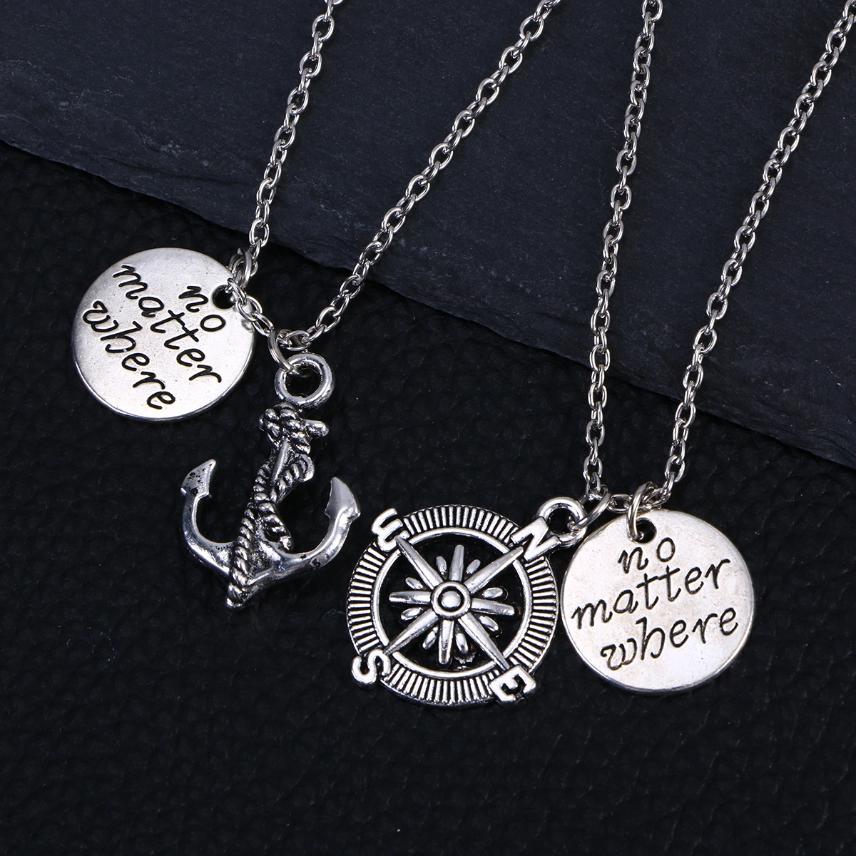 2 Pcs Letters Engraved no matter where Compass Anchor Set Best Friend Gifts for Teen Girls Friendship Necklaces