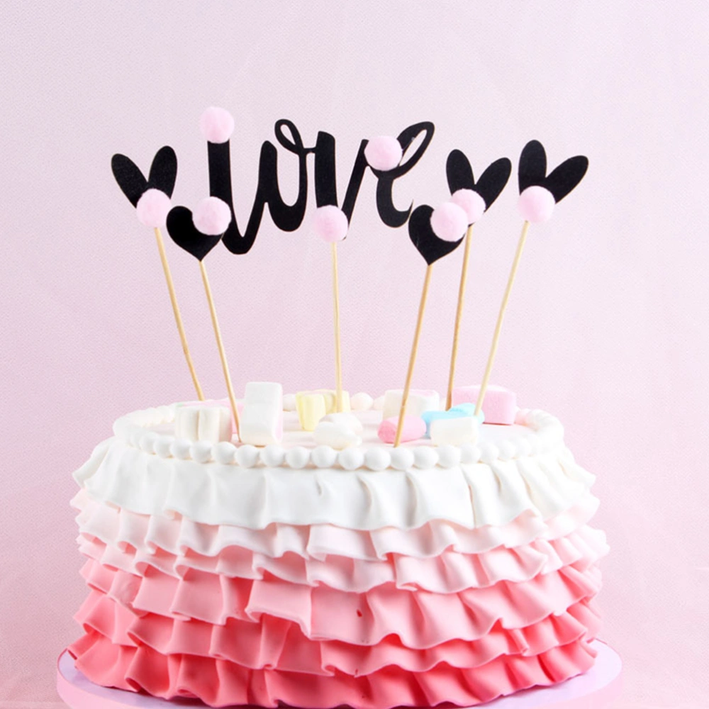 6pcs Cupcake Toppers Decorative Paper Decoration Wooden Stick Cake Picks with Pink Fluffy Pompom and LOVE