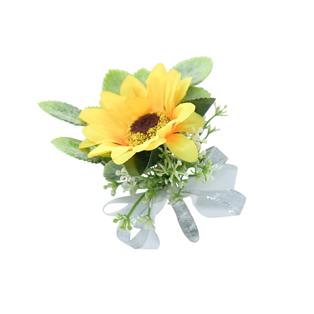 1PC Simulation Sunflower Brooch Cloth Wedding Boutonniere Realistic Bridal Corsage Cloth Sunflower Brooch Wedding Dress Boutonniere for Bride Groom Wearing White Ribbon Style