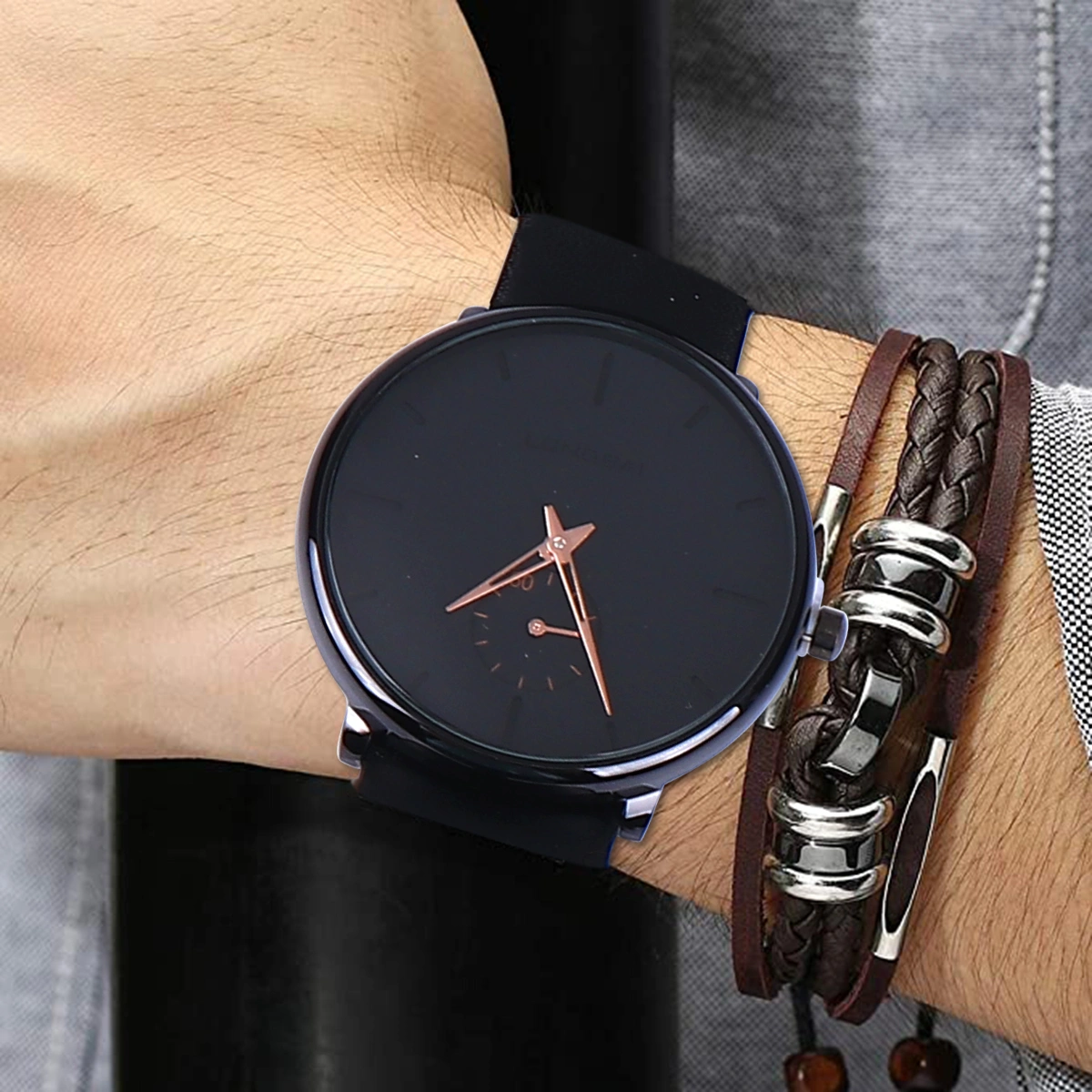 Mens Luminous Waterproof Watch Fashion Quartz Watch Gift for Husband Father (Black Watchband)