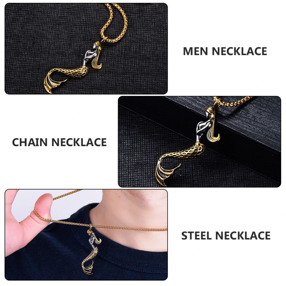 Titanium Steel Jewelry Accessories Mermaid Pendant Necklace for Men (Golden)