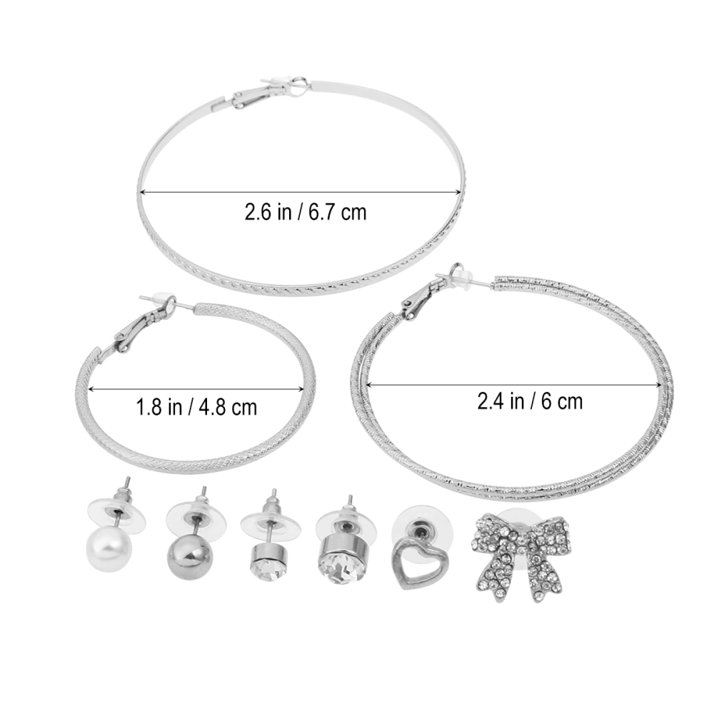 9 Pairs Pearl Bow Eardrop Heart Large Ring Earring for Woman Lady Girl (Silver)