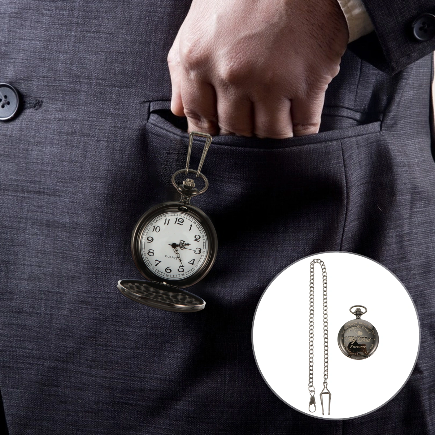 Hanging Pocket Watch Quartz Movement Watch for Fathers Day Birthday Present