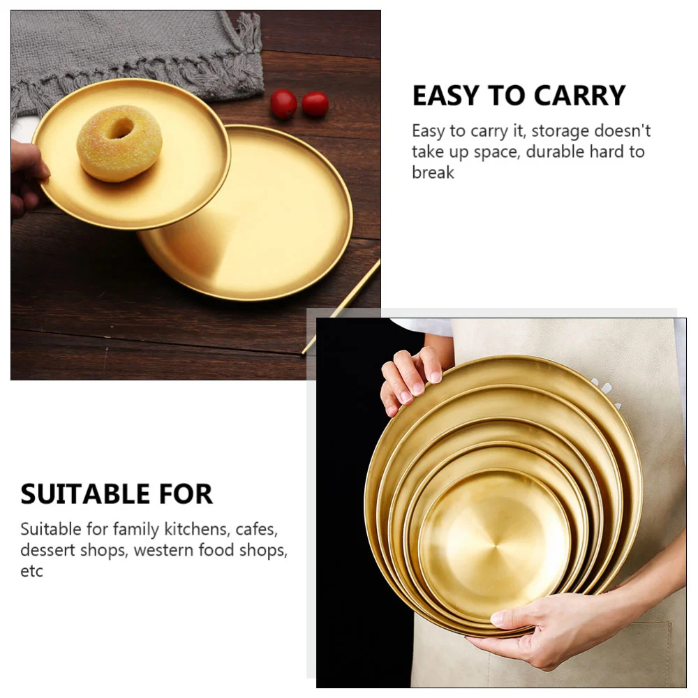 1pc Stainless Steel Dish Plate Food Serving Plate Round Barbecue Plate (Golden)