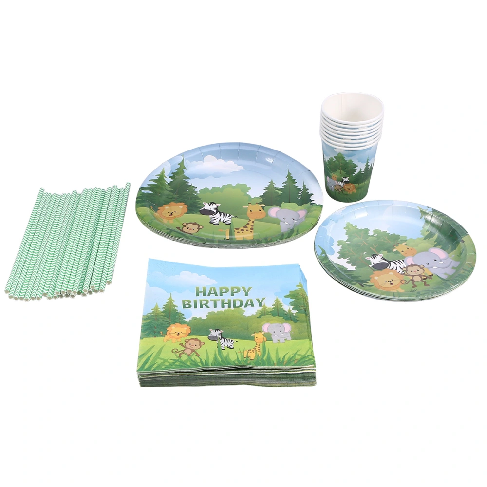 69pcs Disposable Party Set Napkins Paper Plates Paper Cup Straws Jungle Animal Theme Tableware Party Supplies