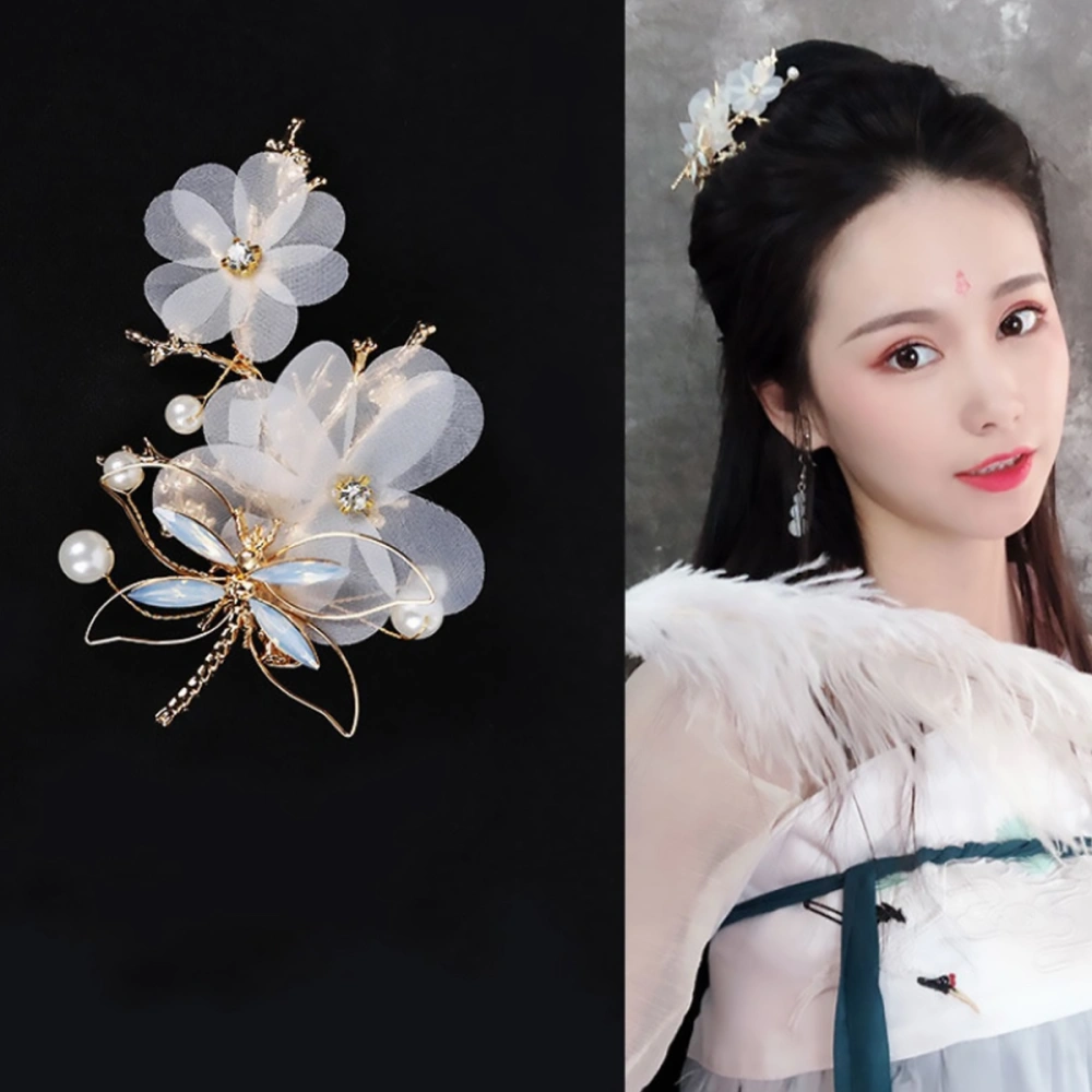 2pcs Bride Hairpins Dragonfly Fairy Ancient Costume Decorative Hairpins Photo Headwear for Woman (Golden, White Flower Style)