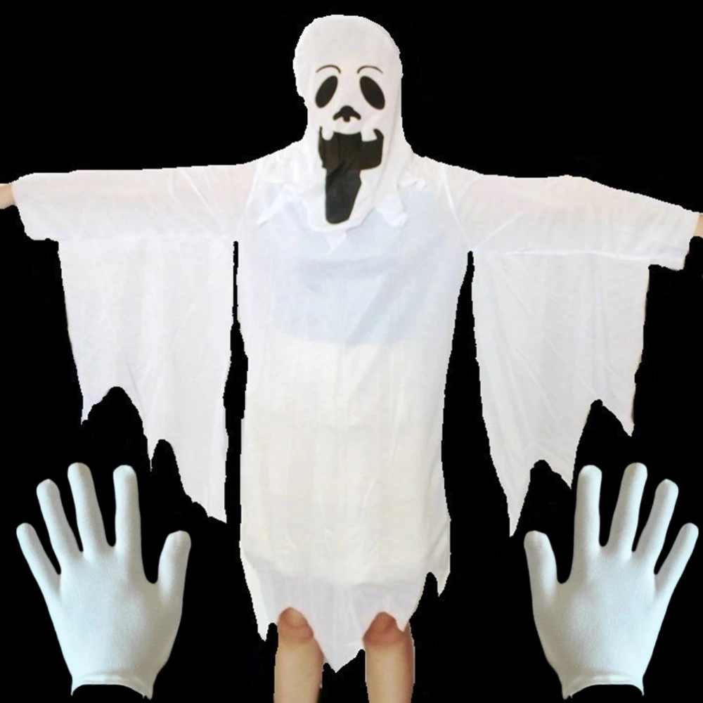 Halloween Cosplay Costume Funky Costumes Masquerade Cloak White Ghost Costume Suit (Adult's Ghost Costume+Gloves)(White)