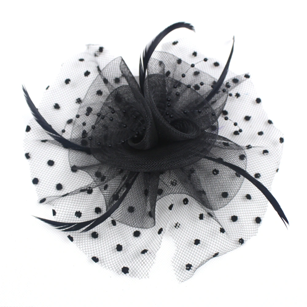 Women's Polka Dot Feather Fascinator Hat Clip Mesh Looped Net Hair Clip (Black)