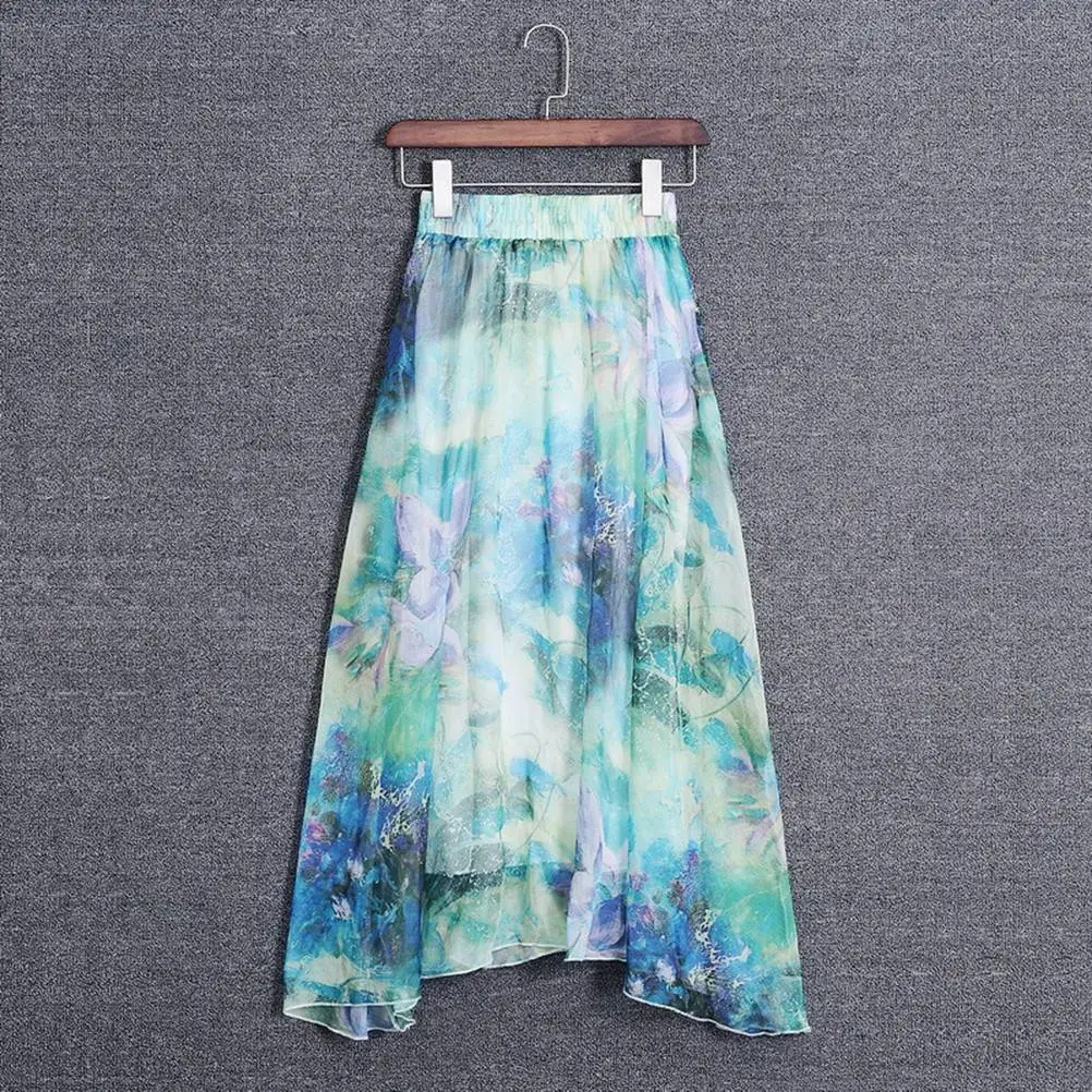Women Stylish Beach Chiffon Skirt Bohemian Skirts Elastic Waist Free Size Long Maxi Skirt (Green)