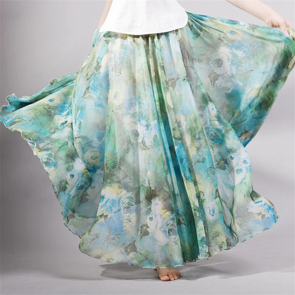 Women Stylish Beach Chiffon Skirt Bohemian Skirts Elastic Waist Free Size Long Maxi Skirt (Green)