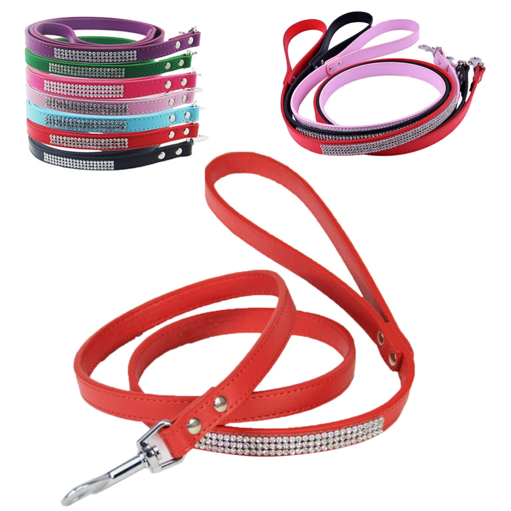 PU Leather Dog Leash Training Walking Pet Leash Products Colorful Walking Leashes with Sparkly Studded Rhinestone for Cats or Dogs (Red)