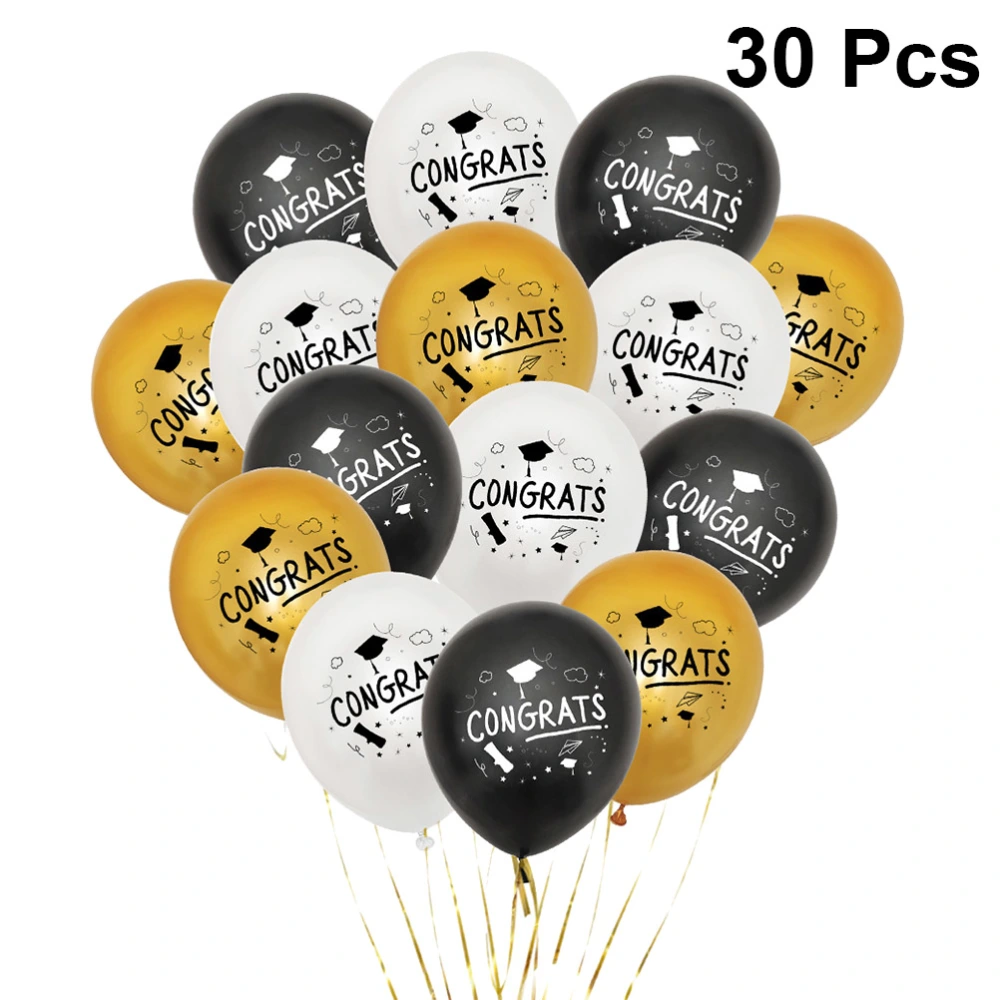 30pcs 12 Inches Colorful Graduation Balloons Letter Printing Latex Balloons Graduation Party Background Layout Ornaments Decorative Props without Ribbon(White, Black, Golden, 10pcs for Each Color)