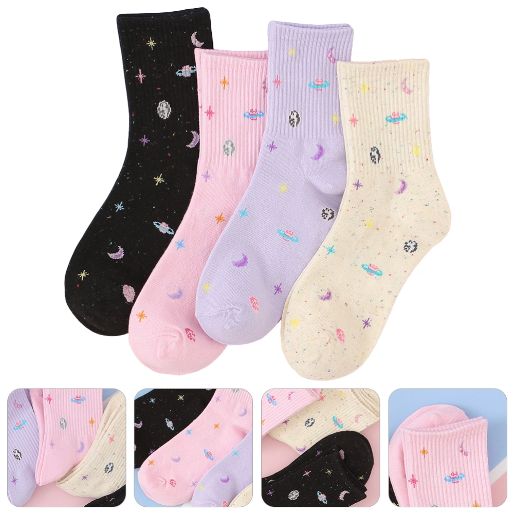 4 Pairs Universe Stars Pattern Socks Mid-tube Sock Cotton Stocking Women Socks