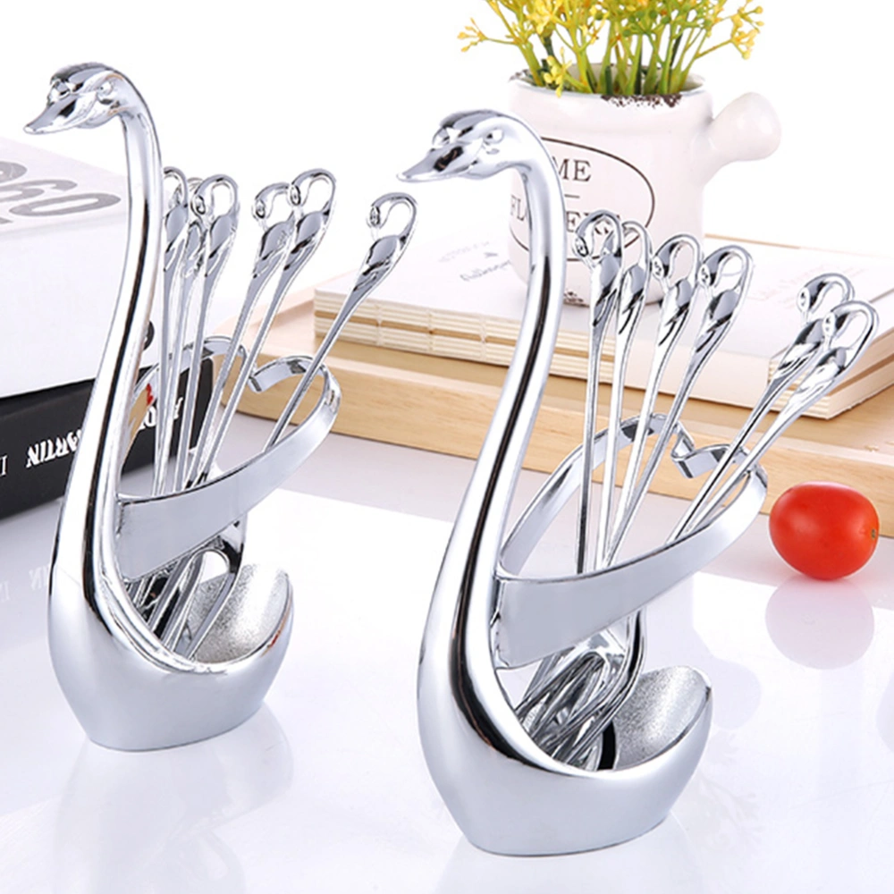 12PCS Stainless Steel Fruit Fork Creative Swan Head 2 Pong Fruit Salad Picks for Hotel KTV Bar Party