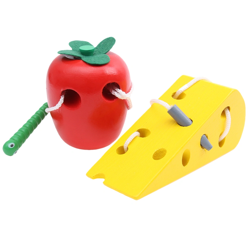 2pcs Kids Funny Threading Toy Early Educational Toy Thread Playing Toy Wooden Apple Cheese Thread Toy (Apple, Cheese, Random Color)