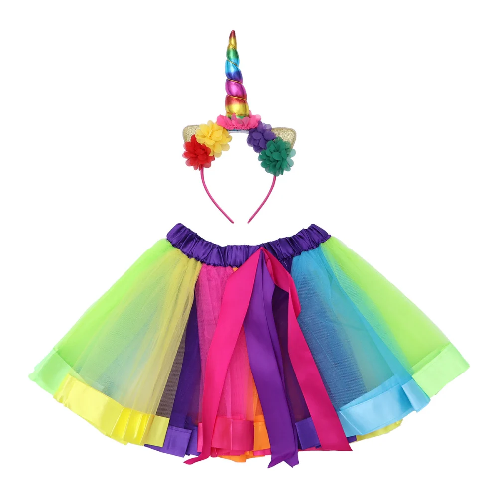 Girls Half Tutu Skirt Rainbow Dress Flower Unicorn Headgear Set Summer Birthday for Girls - Size M (Pink and Purple)