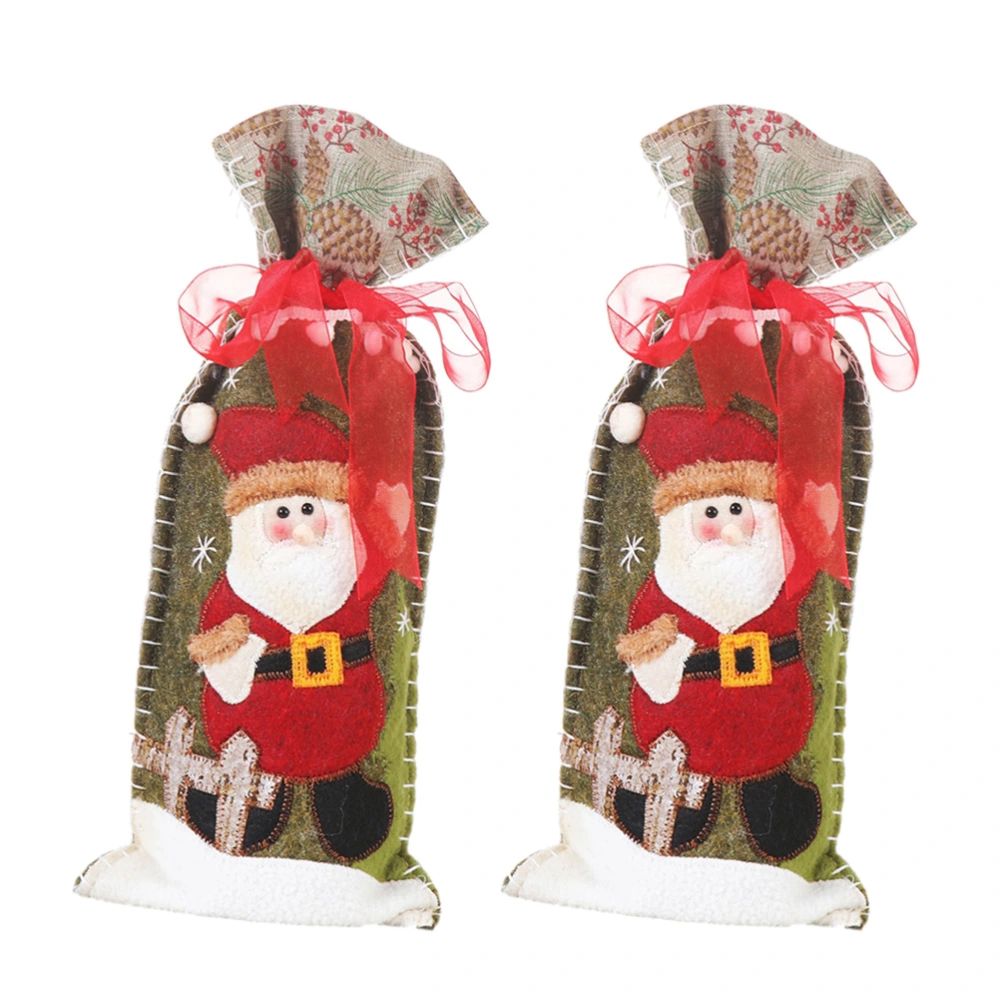 2pcs Rustic Christmas Wine Bottle Cover Cartoon Printed Champagne Bottles Sleeve Wine Bags Table Decor (Santa)