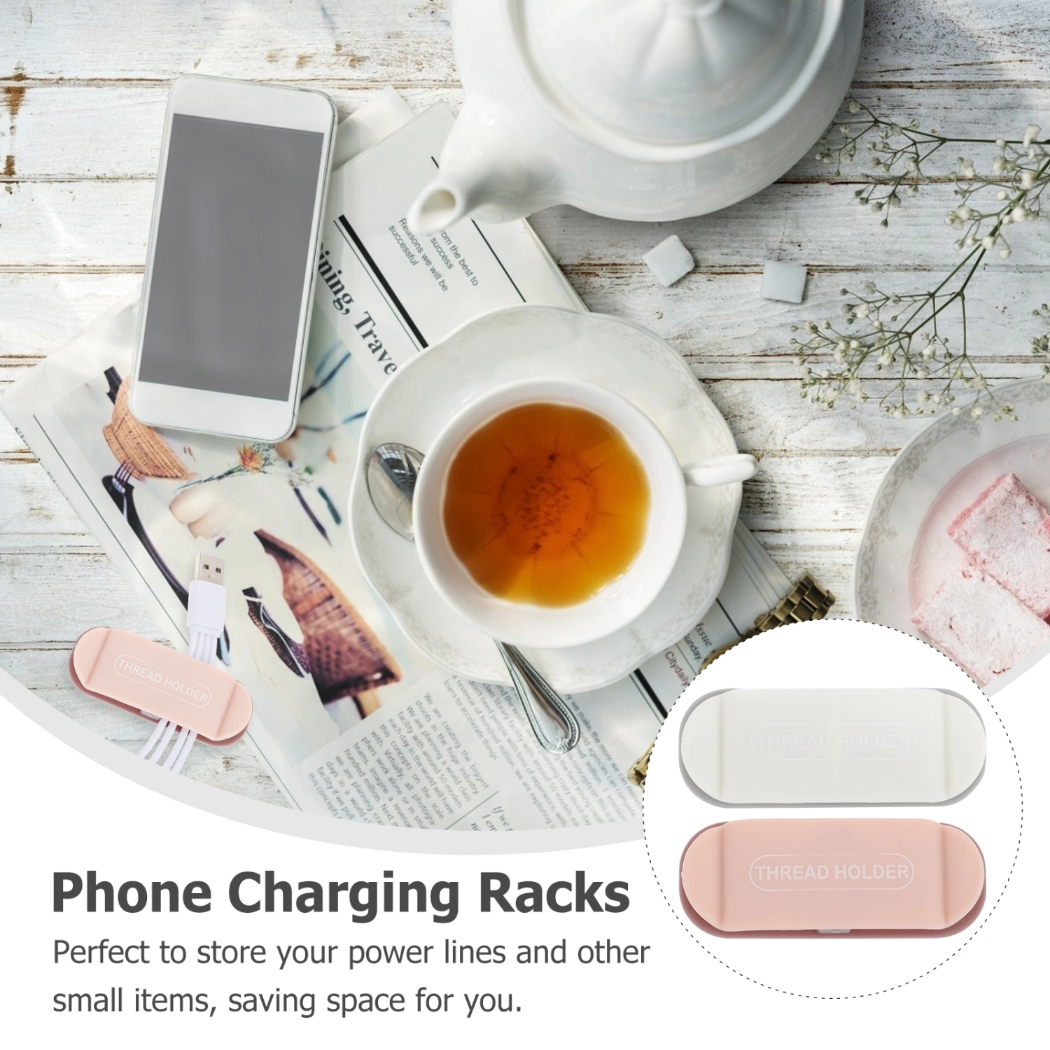 8pcs ABS Wall Storage Boxes Power Line Hooks Mobile Phone Charging Stands