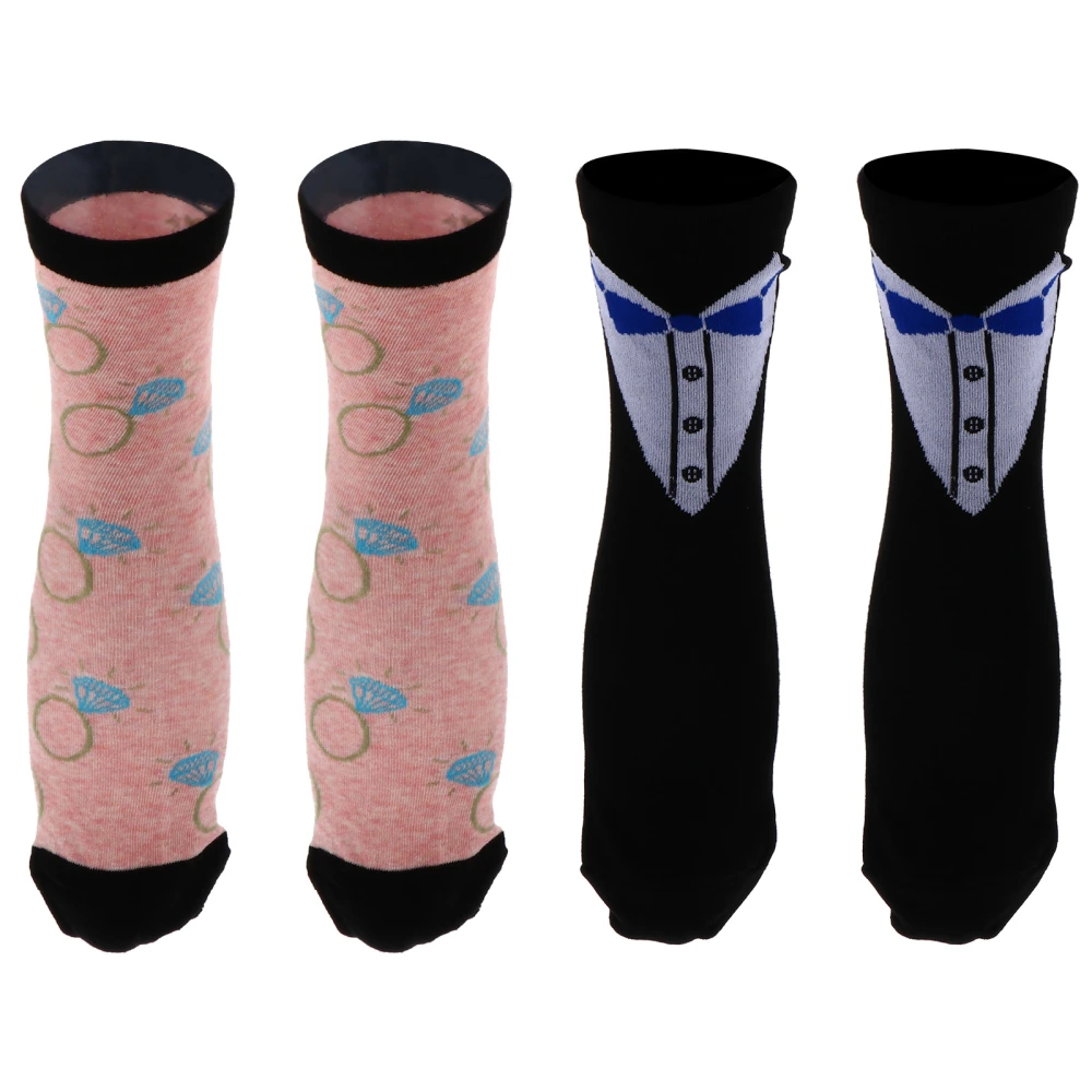 2 Pairs Mid-calf Length Socks Fashion Bride and Bridegroom Stockings (Free Size)