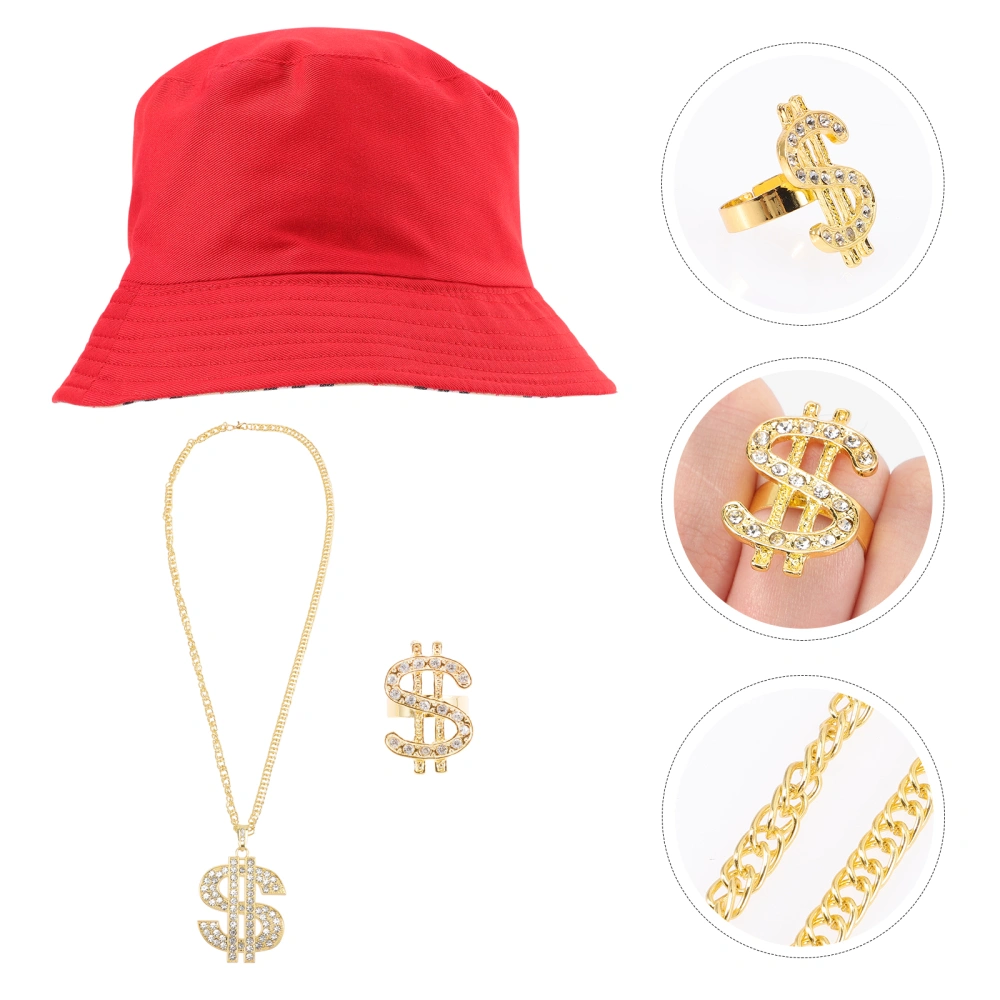 1 Set Hip Hop Costume Kit Bucket Hat Dollar Sign Ring Necklace Hip Hop Jewelry