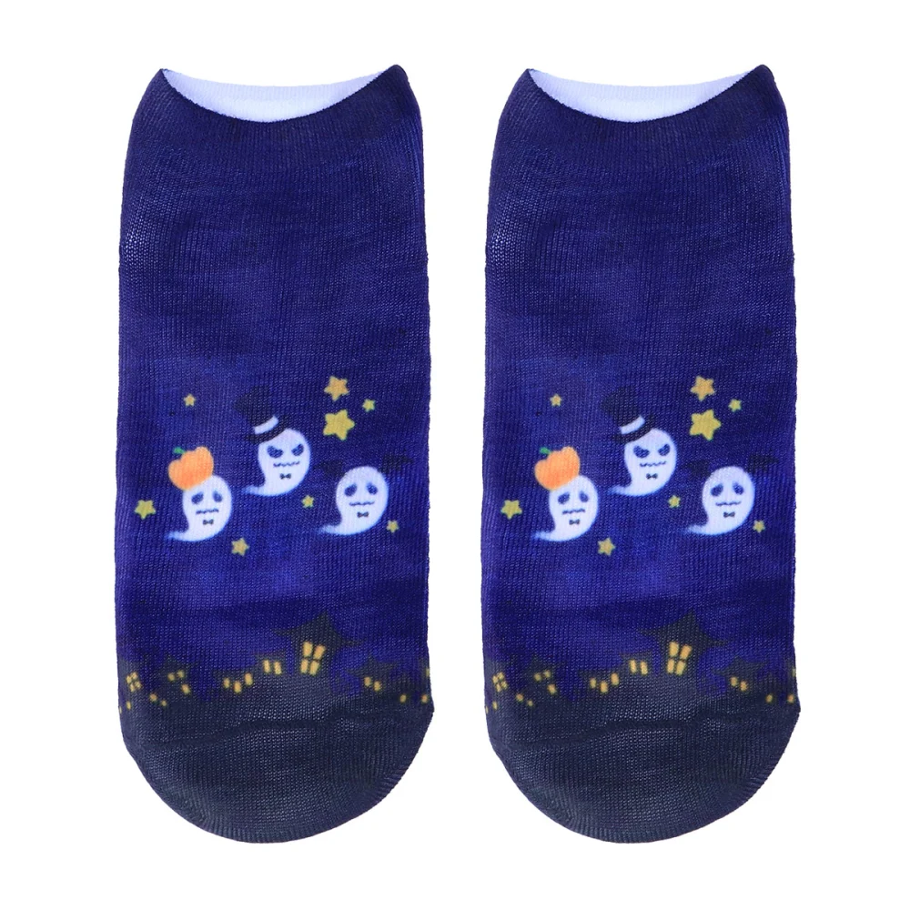 1 Pair Women Low Cut Ankle Socks Halloween Theme Printed Elastic Non-slip All Seasons Sneaker Short Socks (Ghost)