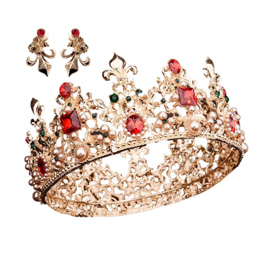 Baroque Vintage Crown Alloy Rhinestones Tiara Bridal Luxury Hairband Hair Accessory Wedding Headpiece with Earrings