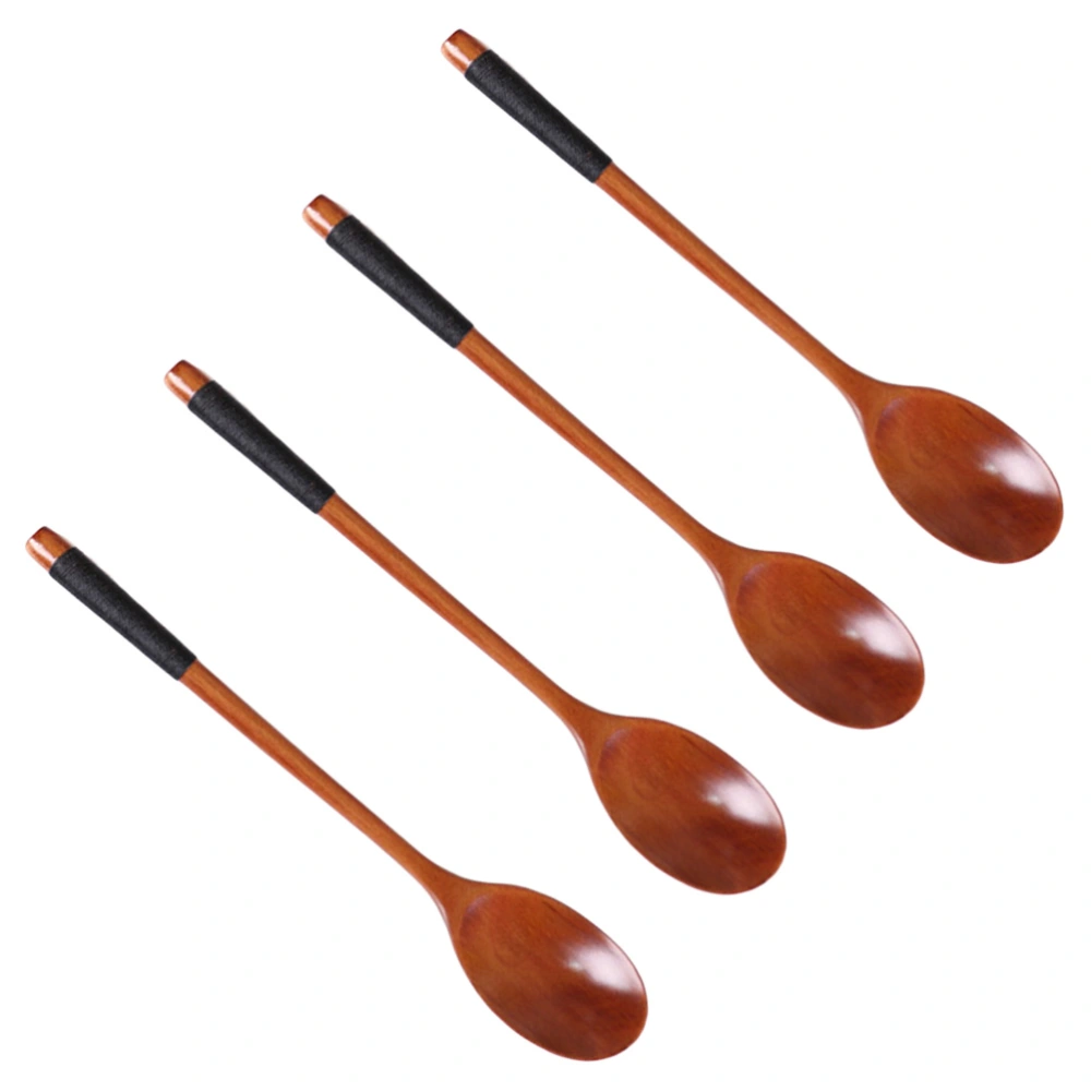 4 Pcs Wooden Spoons Long Handle Stirring Spoons Portable Eating Mixing Soup Spoons Eco Friendly Table Spoons Home Kitchen Utensils (Paint Color with Black String)