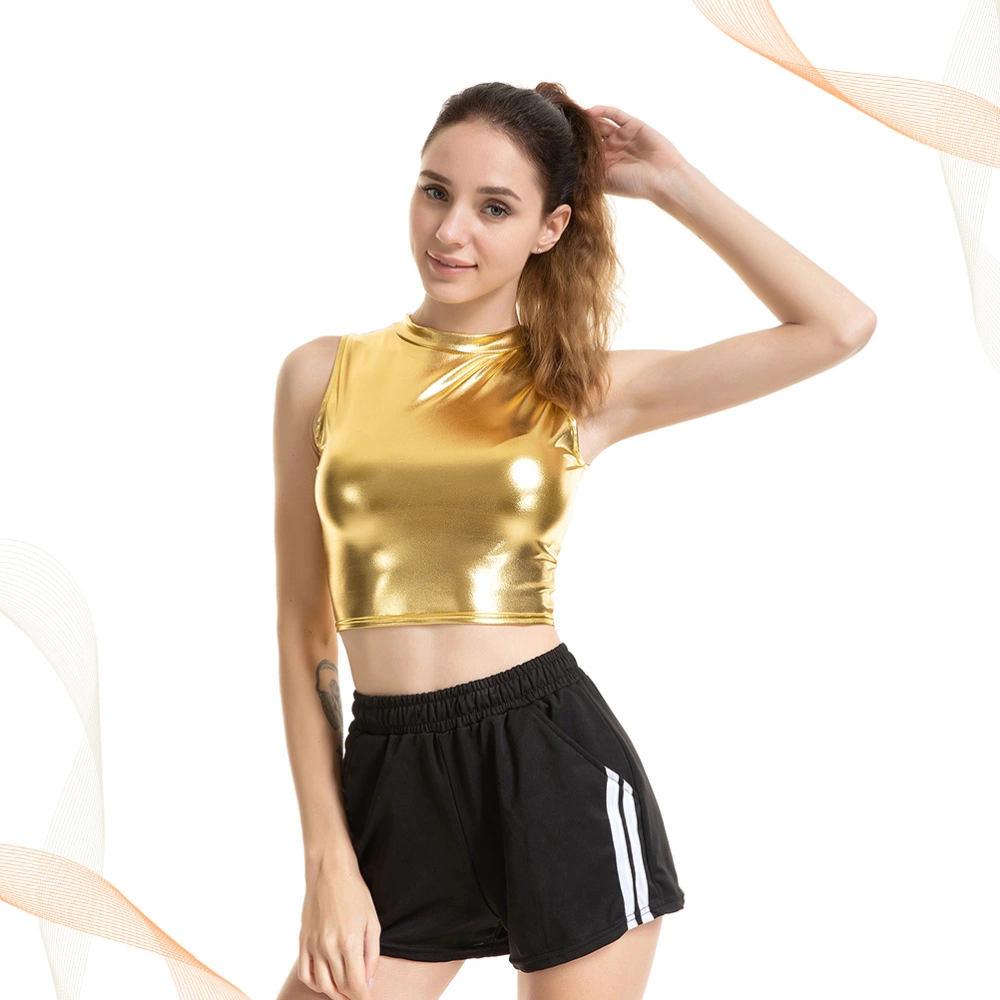 Golden Shiny Sexy Vest Waistcoat Metal Color Costume High Collar Tank Tops for Nightclub Stage Women - Size L