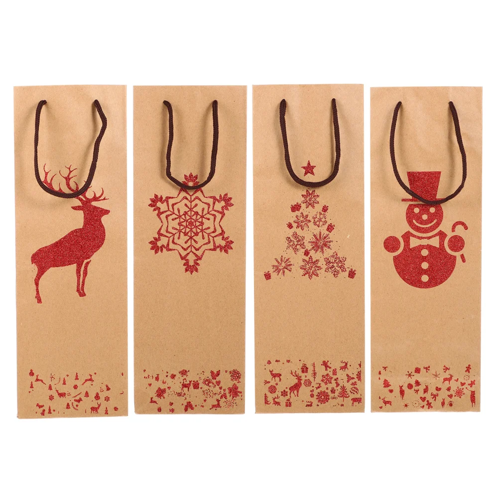 4Pcs Glitter Powder Christmas Pattern Red Wine Bottle Handbag Paper Carry Bag