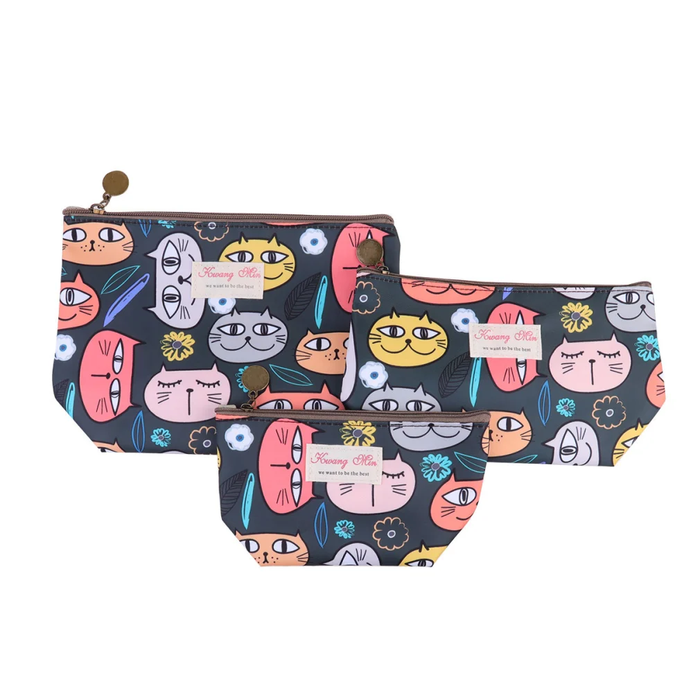 1 Set of 3pcs Makeup Bag Zippered Cartoon Cat Printed Makeup Pouch Carrying Bag