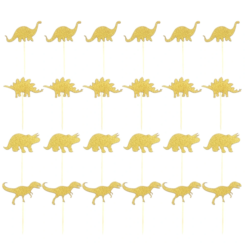 24PCS Golden Dinosaur Cake Toppers Decorative Glittering Animal Cupcake Muffin Food Fruit Picks Party Favors Supplies