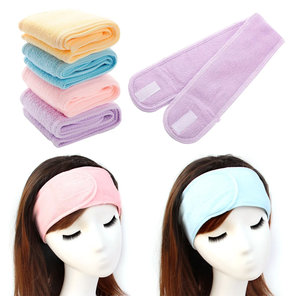 4pcs Women Head Bands Adjustable Tape Headband Headdress Headwear for Yoga Makeup Sports Shower (Pink + Blue + Yellow + Purple)