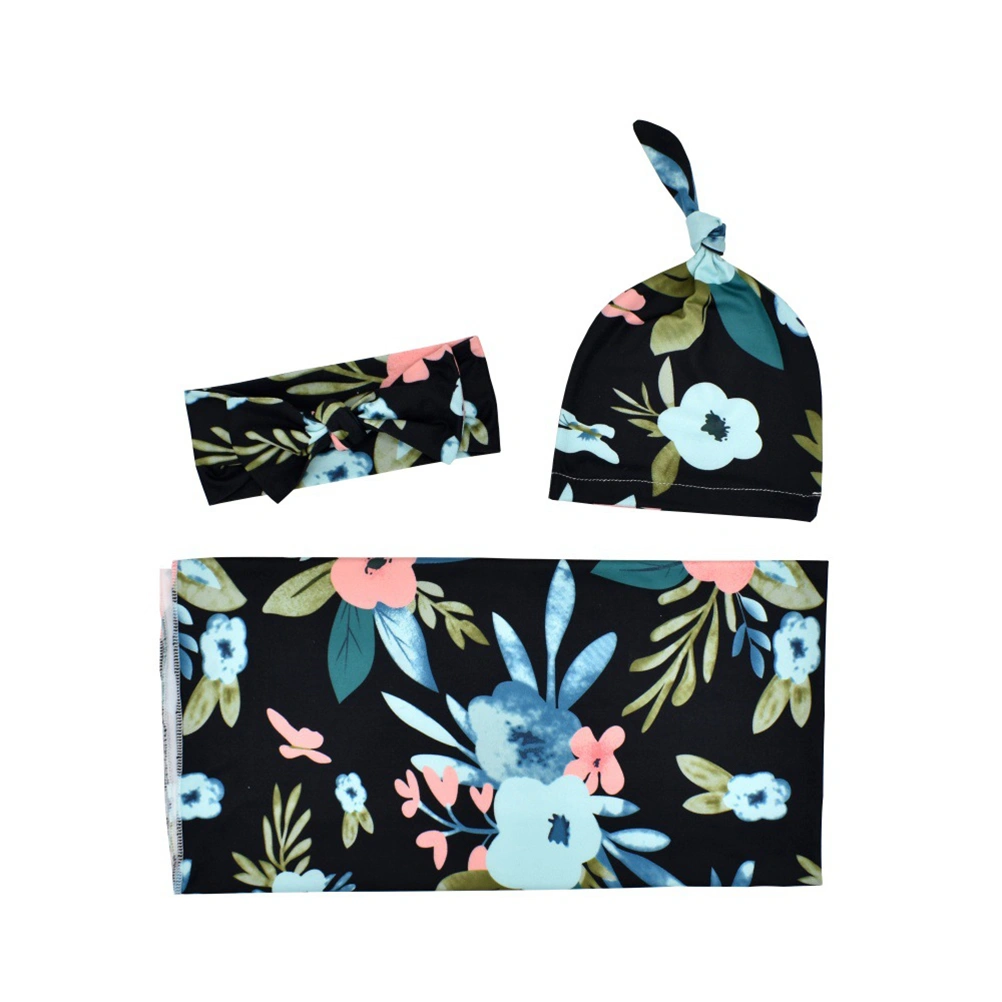 1 Set 3pcs Newborn Floral Printing Headband Turban Baby Headwraps Baby Beanie Hat Swaddle Blankets for Infant Newborn (Black Orchid)
