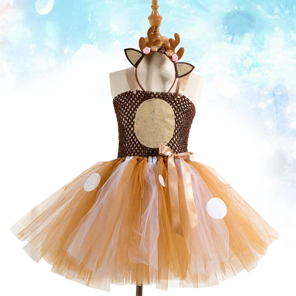 Elk Kids Party Two-piece Costumes Lovely Tutu Dress Headwear Set Gauze Skirts for Girls (6-7 Years Old)