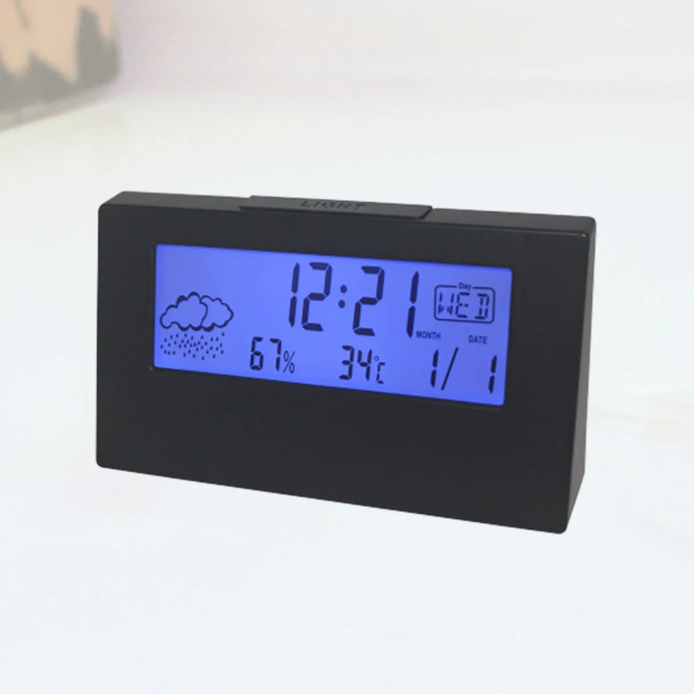 Student LCD Weather Display Desktop Clock Temperature Humidity Snooze Alarm Clock Multi-function Electronic Clock (Black)