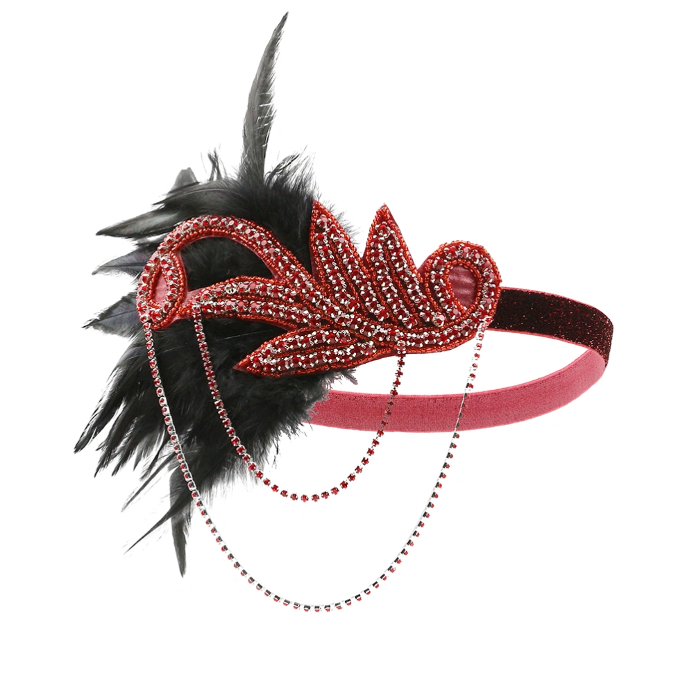 1Pc Feather Rhinestone Headband European Style Retro Hair Band Stage Performance Costume Party Hair Accessories (Claret)