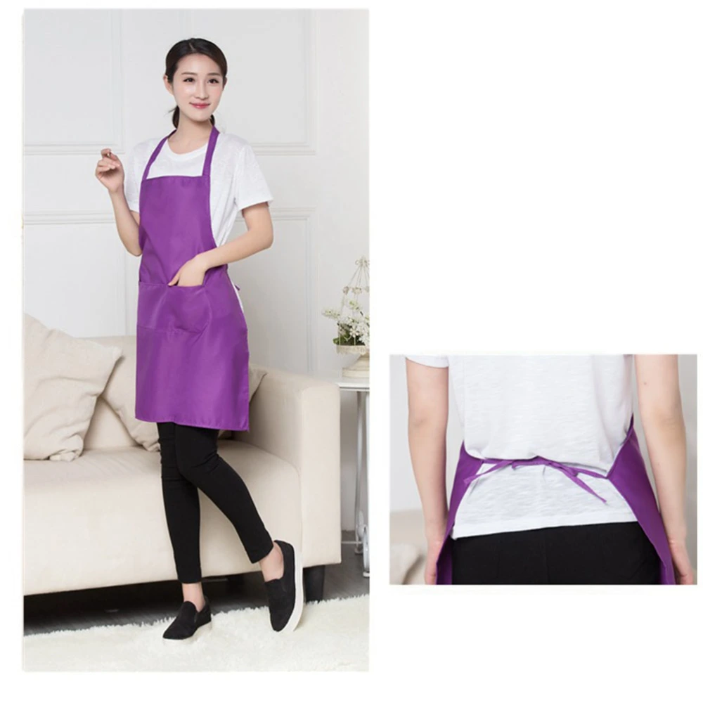 Pure Color Neck Strap Bib Apron Waterproof Restaurant and Home Kitchen Apron 60x70cm (Purple)