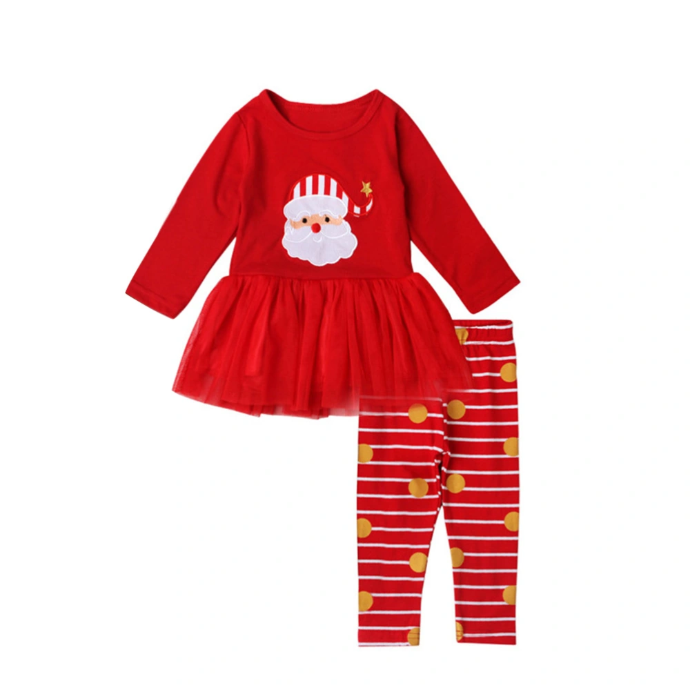 Two Pieces Kids Baby Girls Christmas Santa Claus Shirt Striped Pants Outfit Clothes Set - Size 130 (Red)