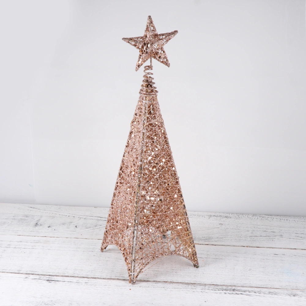 40cm Wrought Iron Mini Christmas Tree Tower Shaped Glowing Christmas Adornment Festival Ornament Home Decor - No Battery (Rose Gold)