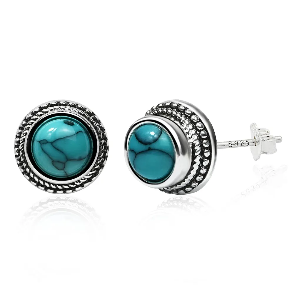 1 Pair Women Ear Studs Blue Turquoise Inlaid Earrings Female Earrings Ear Jewelry