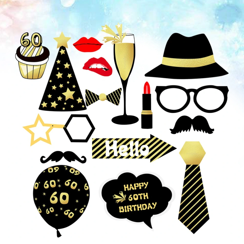 16 Pcs 60th Birthday Party Photo Props Stickers Set Black Gold Adult Birthday Decal Decoration Combination (As Shown)